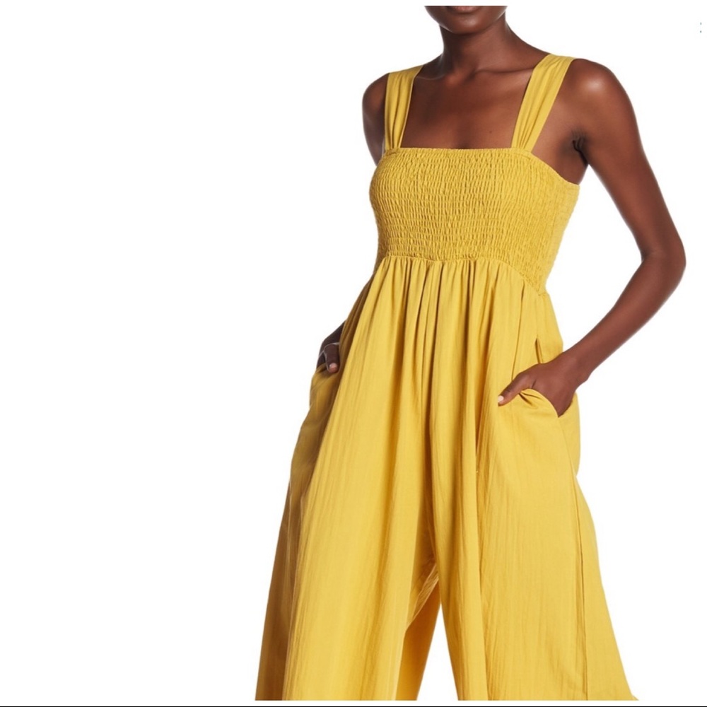 MELLO DAY smocked wide leg jumpsuit in mustard